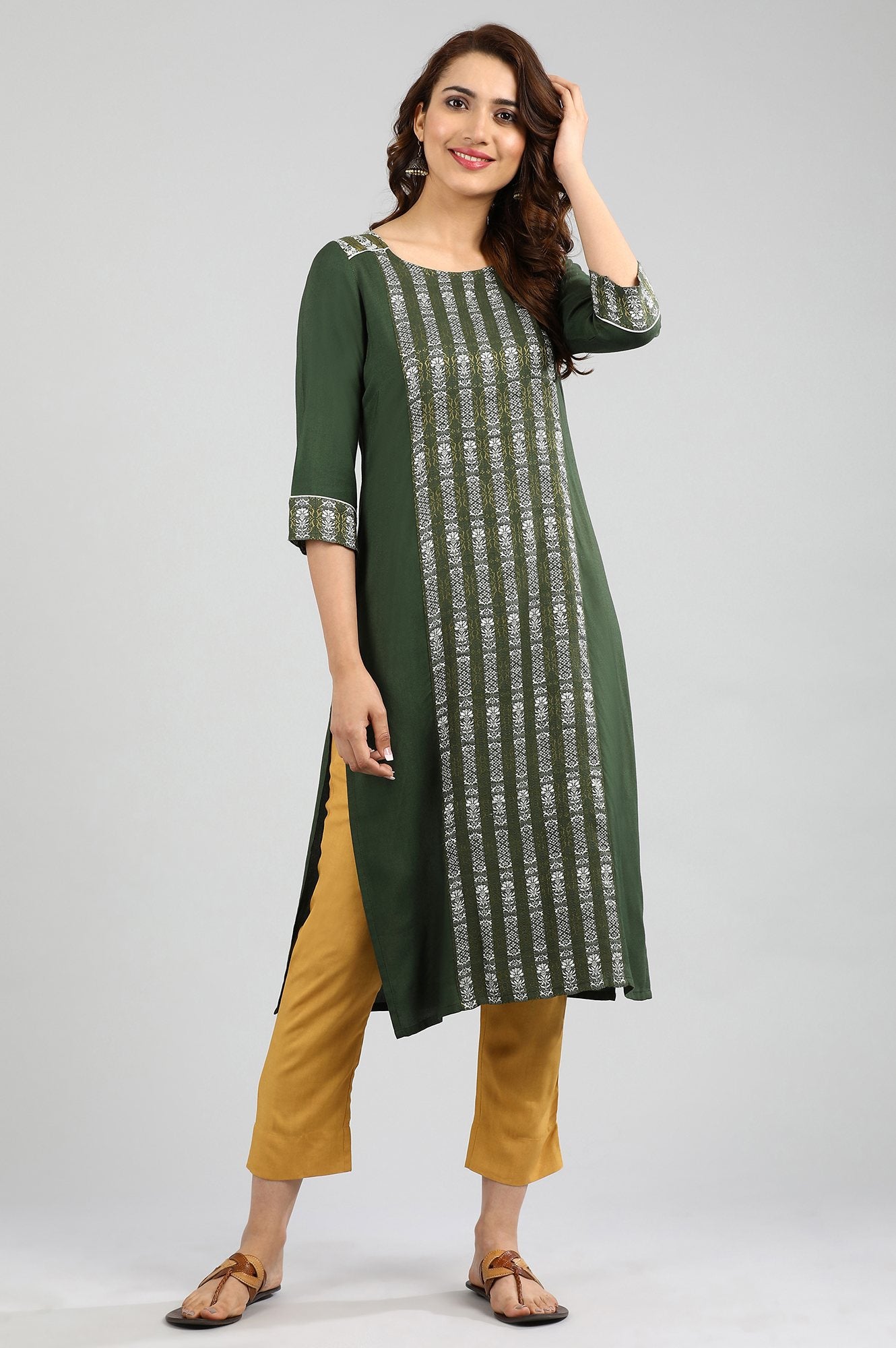 Green Round Neck Yarn-dyed kurta