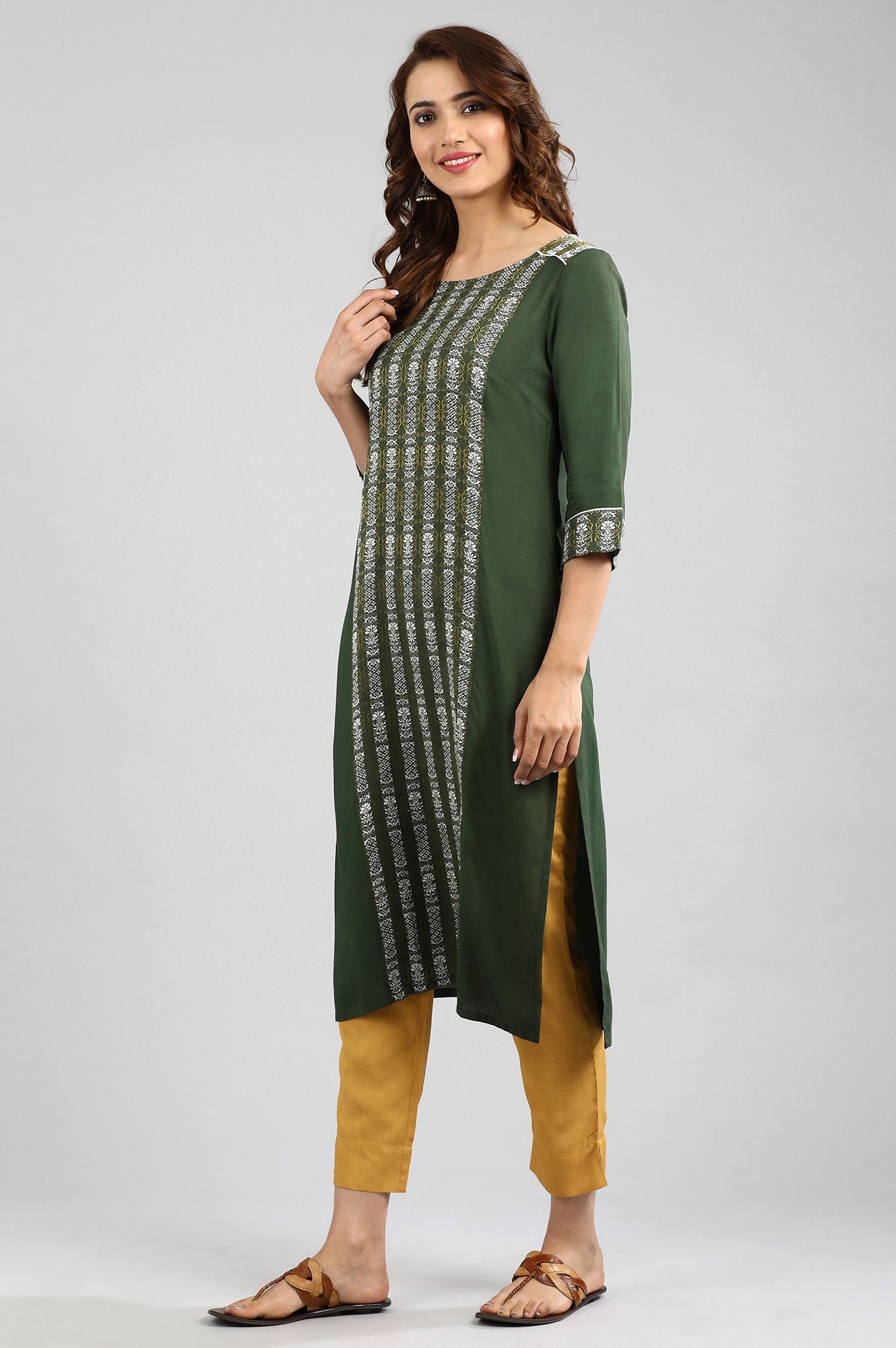 Green Round Neck Yarn-dyed kurta