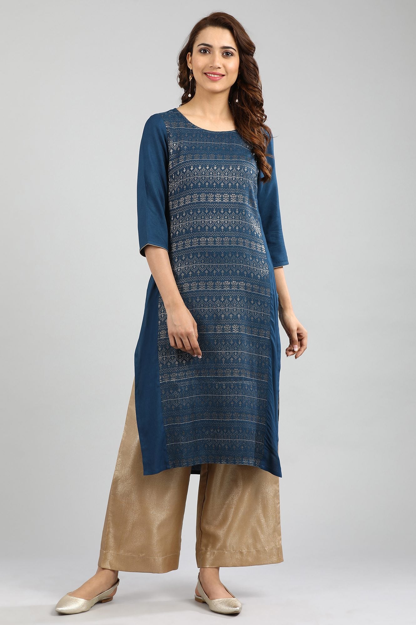 Blue Round Neck Yarn-dyed kurta