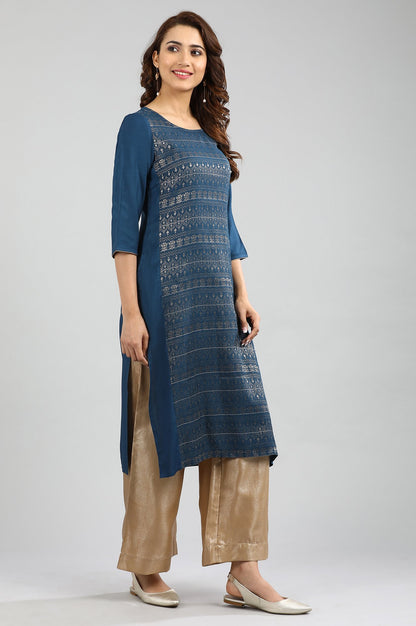 Blue Round Neck Yarn-dyed kurta