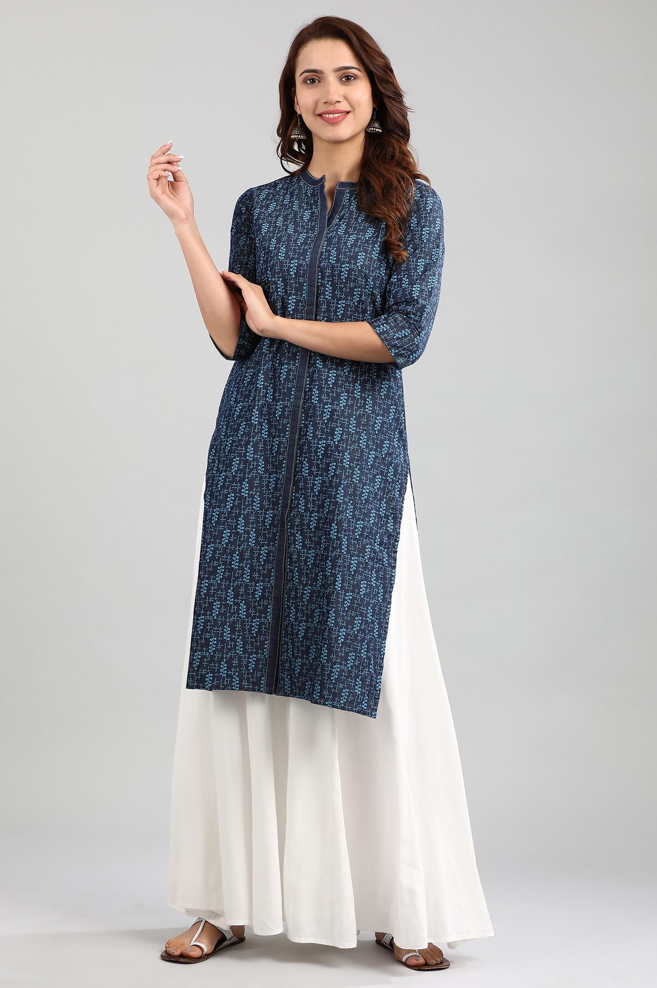 Blue Mandarin Neck Printed kurta