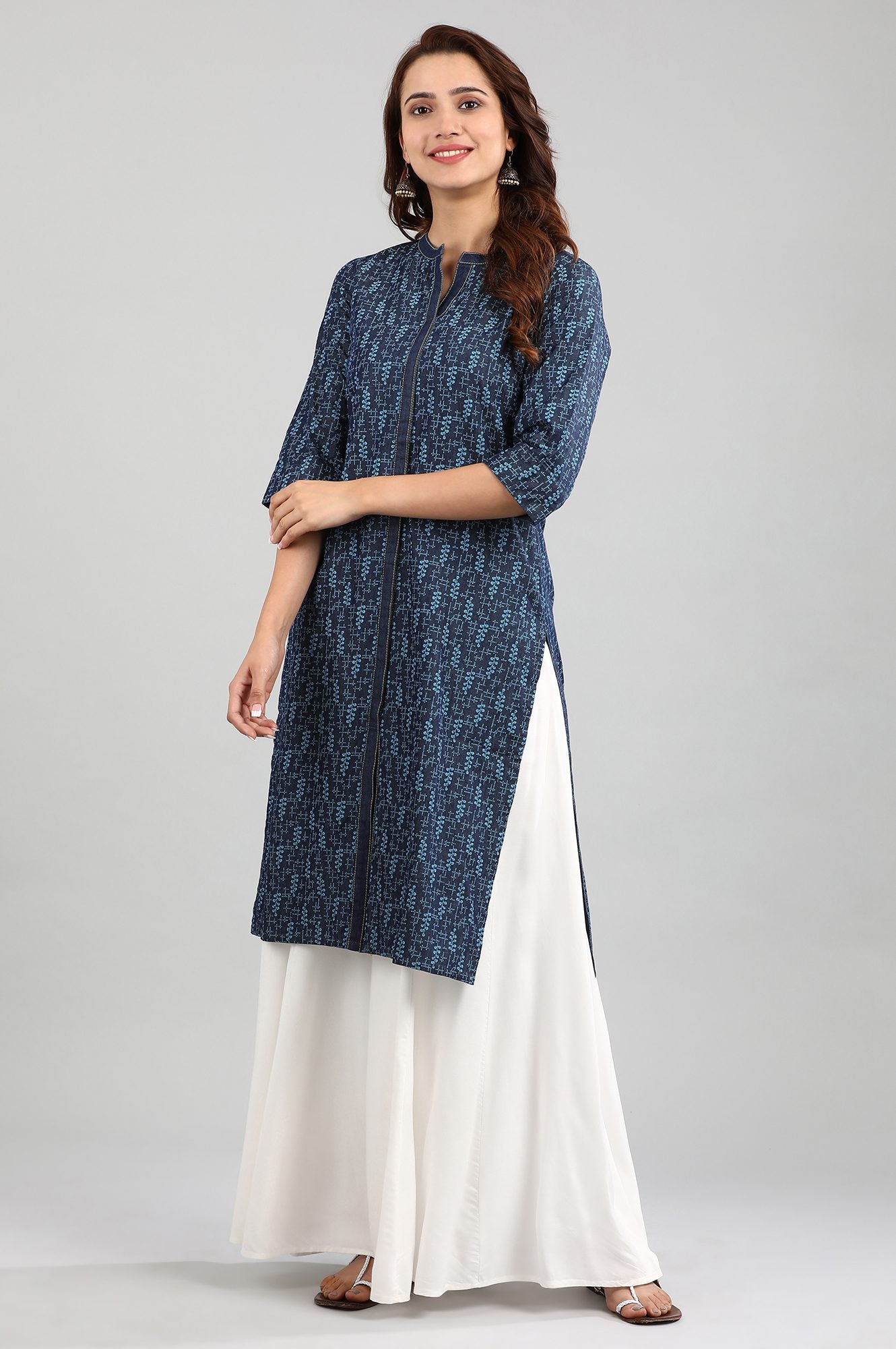 Blue Mandarin Neck Printed kurta