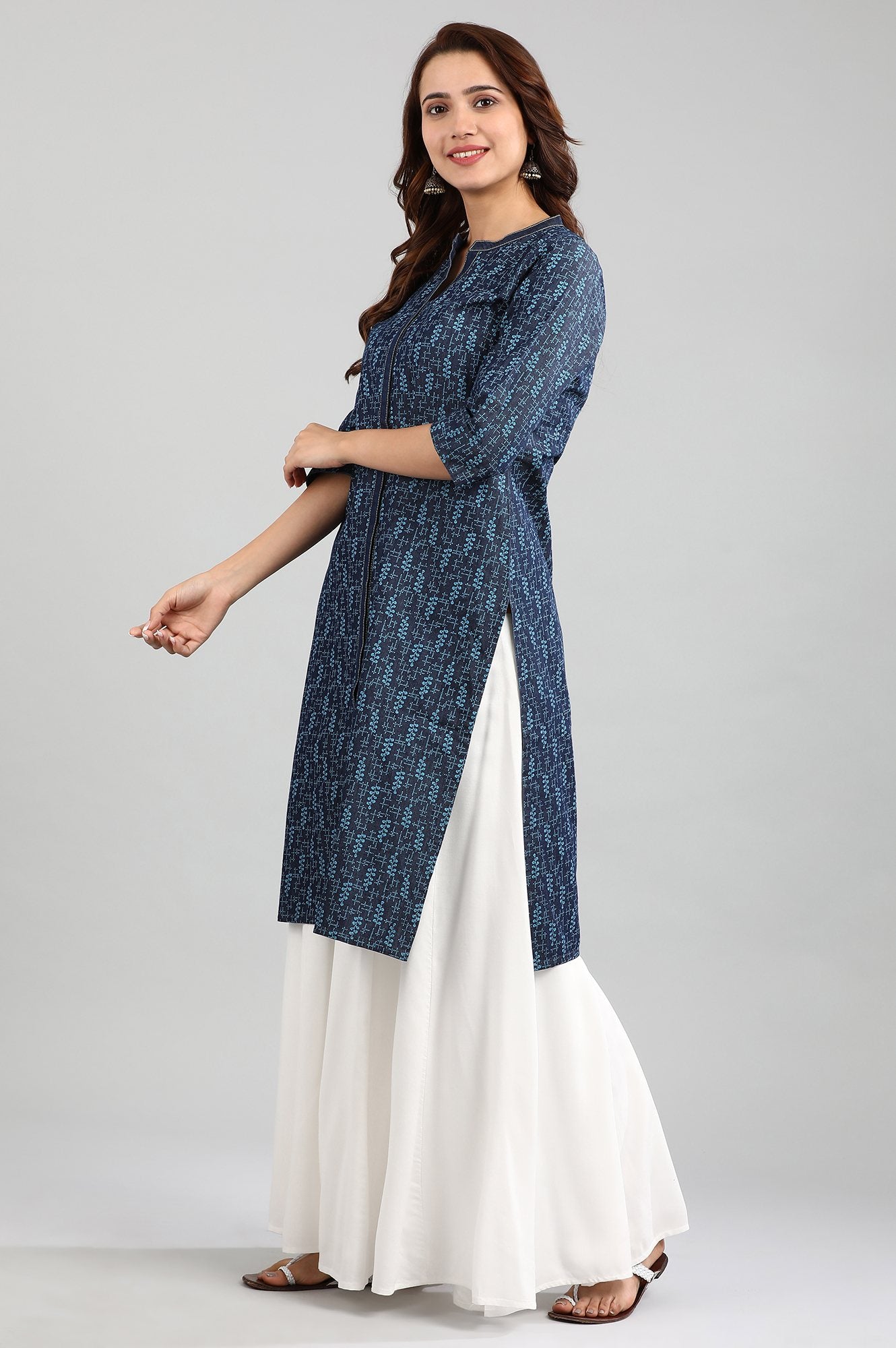 Blue Mandarin Neck Printed kurta