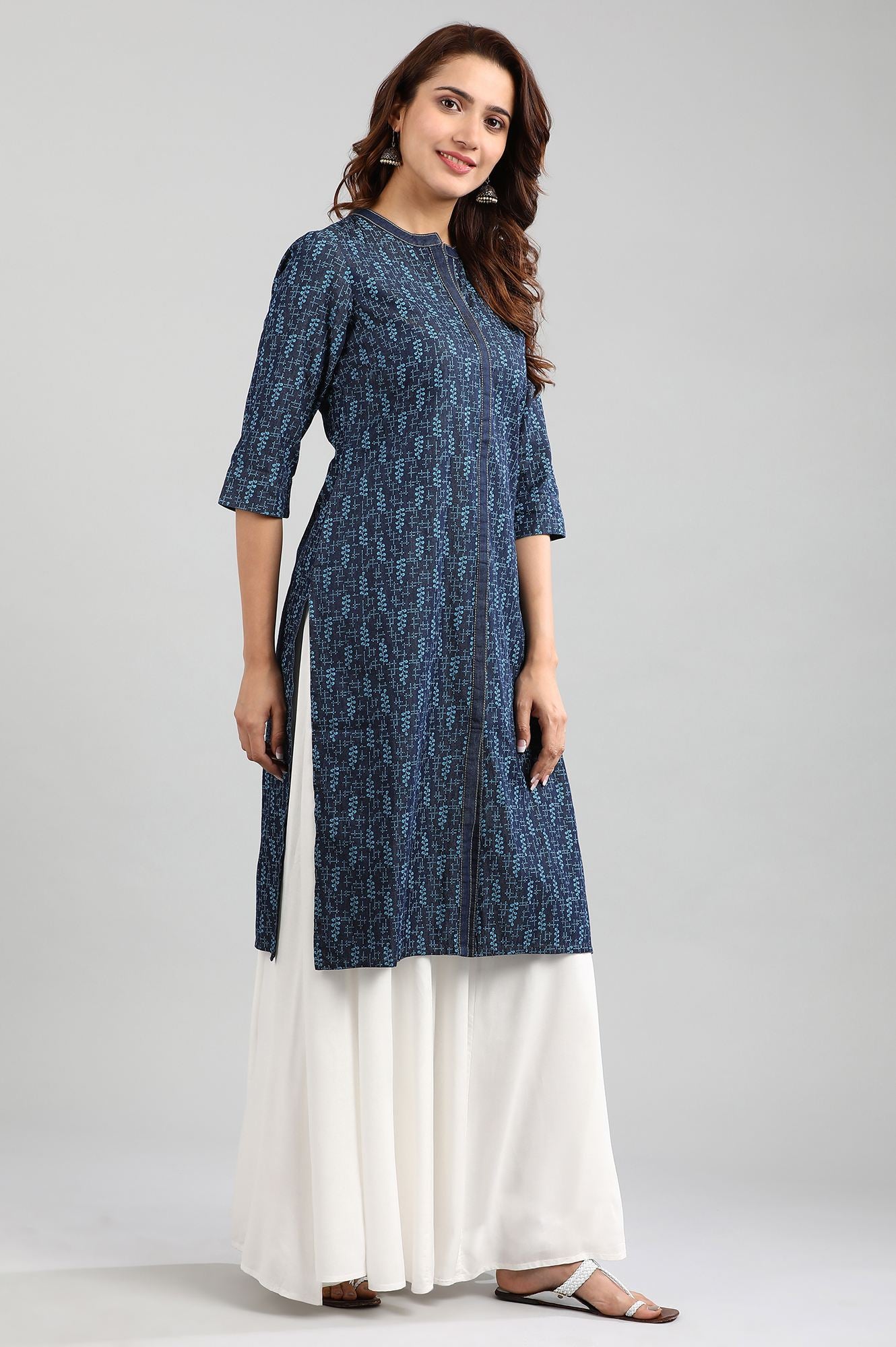 Blue Mandarin Neck Printed kurta