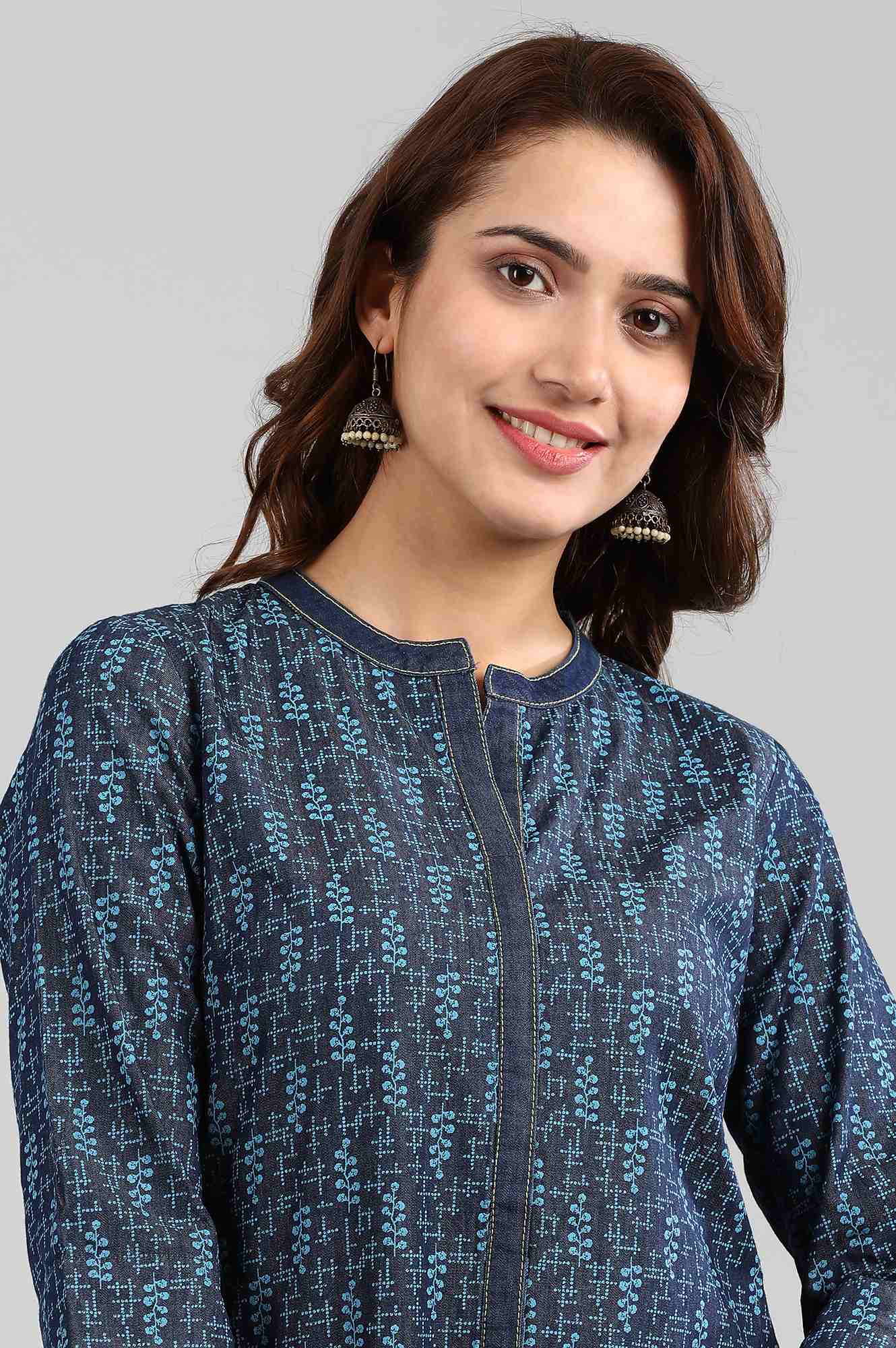 Blue Mandarin Neck Printed kurta