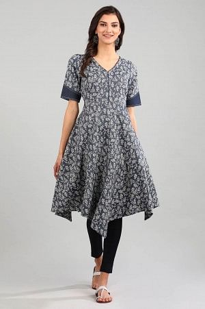 Blue V-Neck Printed Dress