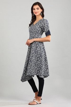 Blue V-Neck Printed Dress