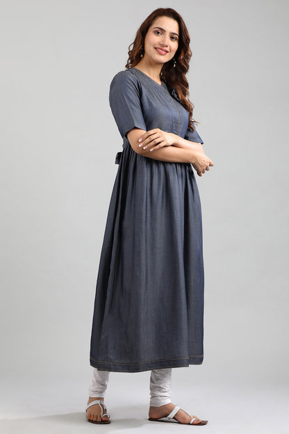 Blue V-Neck Yarn-dyed kurta