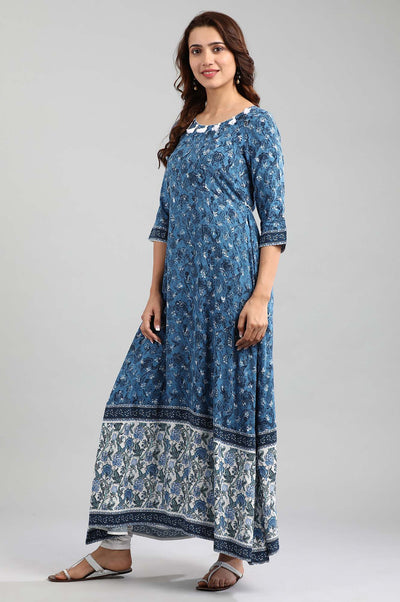 Blue Round Neck Flared kurta
