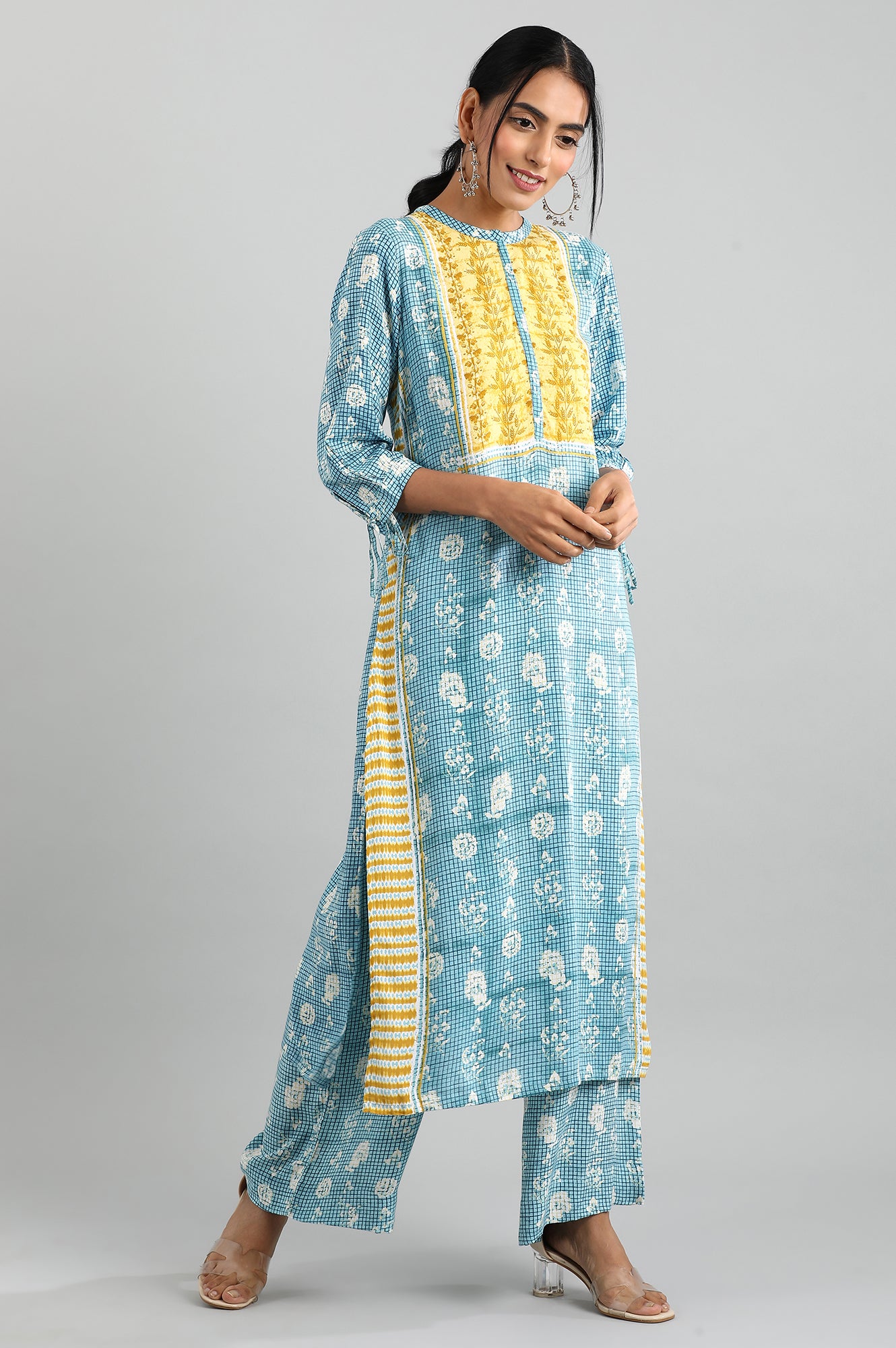 Blue Band Collar Printed kurta