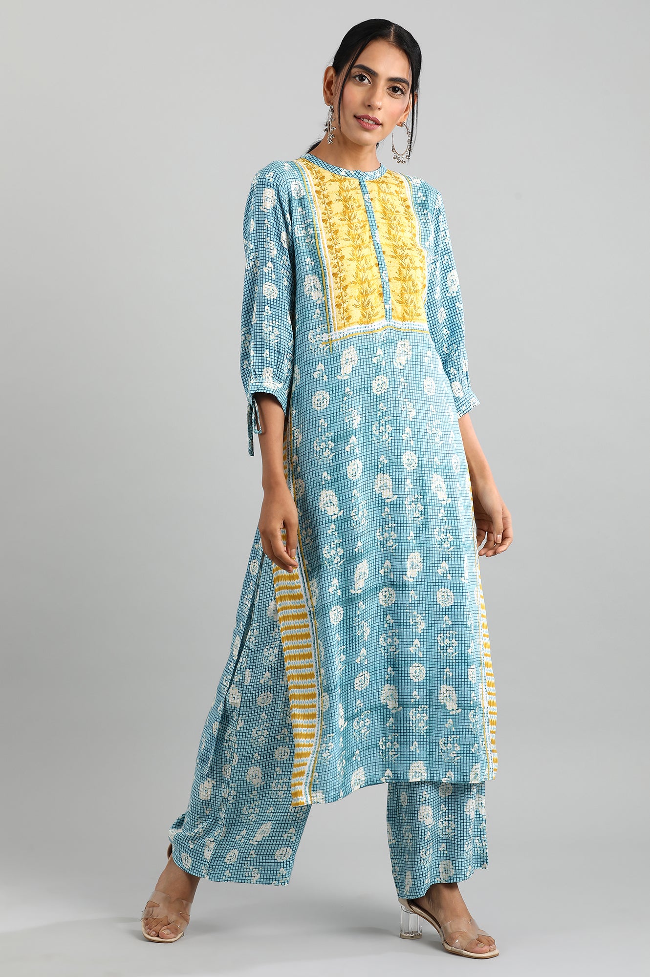 Blue Band Collar Printed kurta