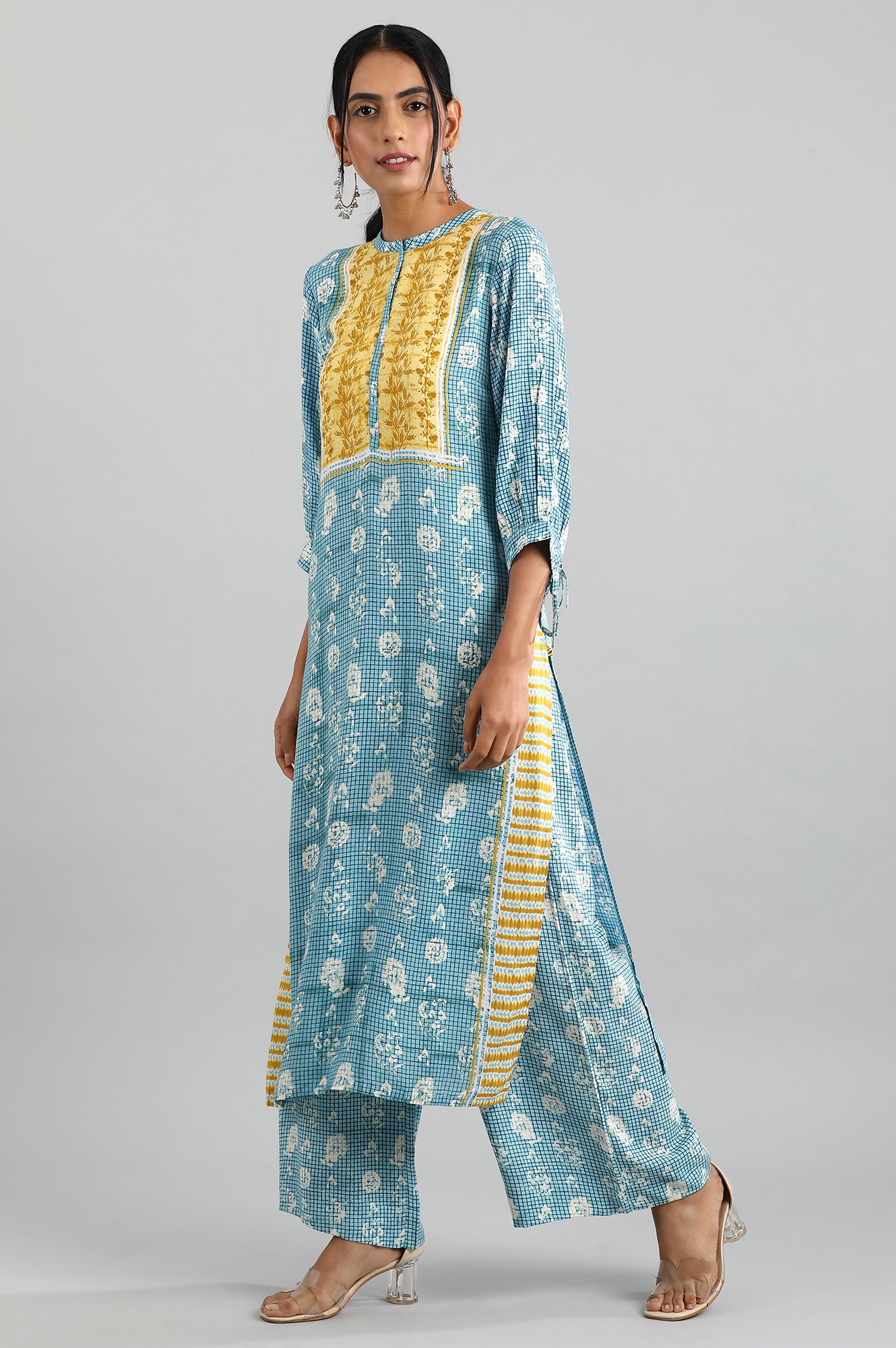 Blue Band Collar Printed kurta