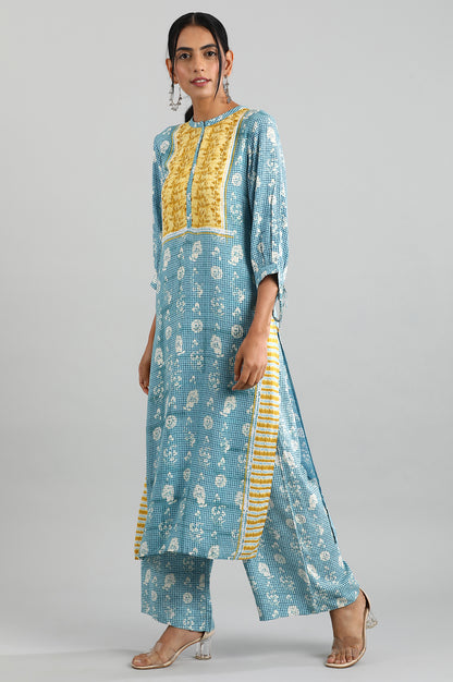 Blue Band Collar Printed kurta