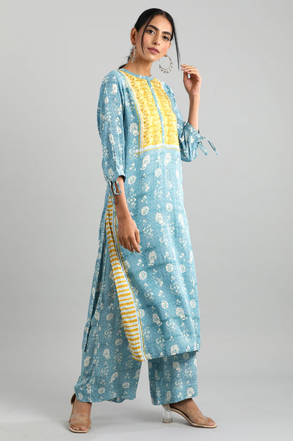 Blue Band Collar Printed kurta