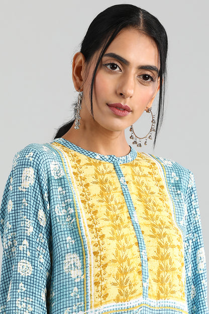 Blue Band Collar Printed kurta