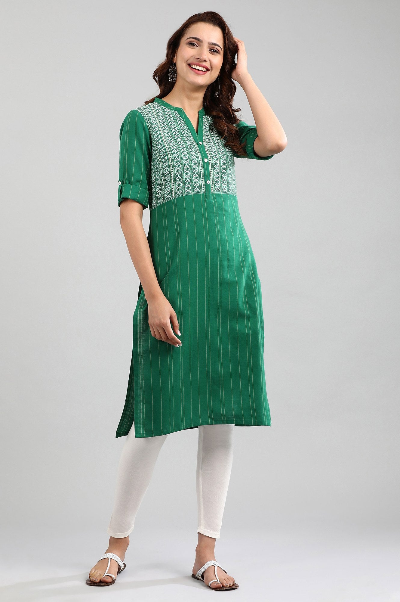 Green Band Collar Yarn-dyed kurta