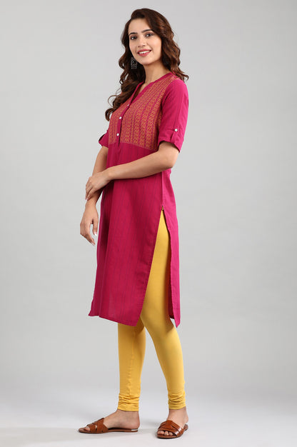 Pink Band Collar Yarn-dyed kurta