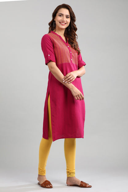 Pink Band Collar Yarn-dyed kurta