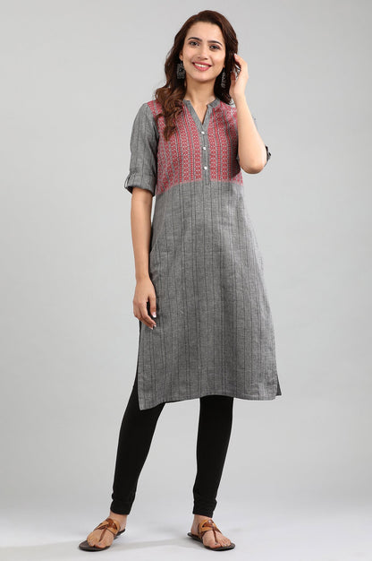 Grey Band Collar Yarn-dyed kurta