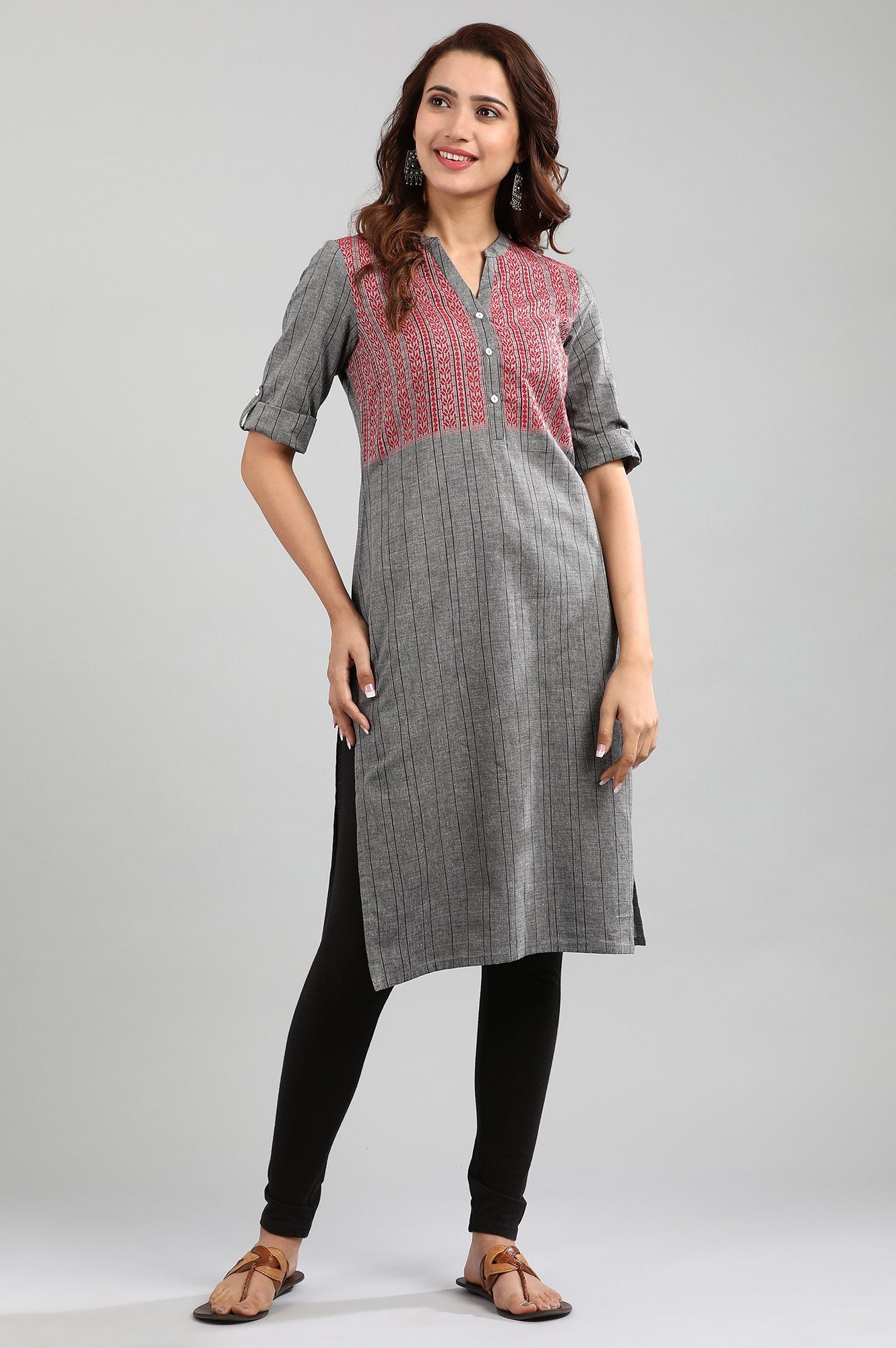 Grey Band Collar Yarn-dyed kurta