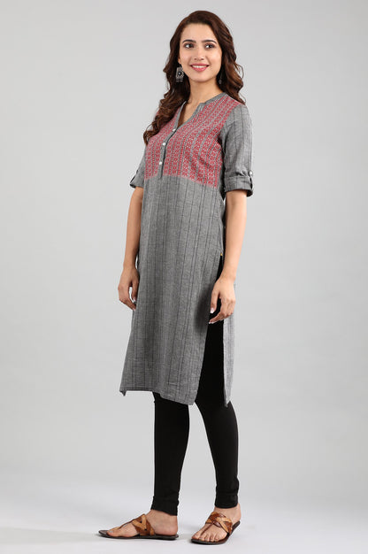 Grey Band Collar Yarn-dyed kurta