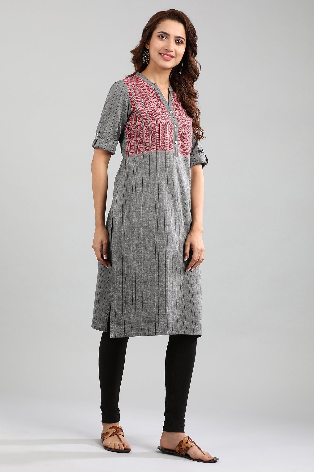 Grey Band Collar Yarn-dyed kurta