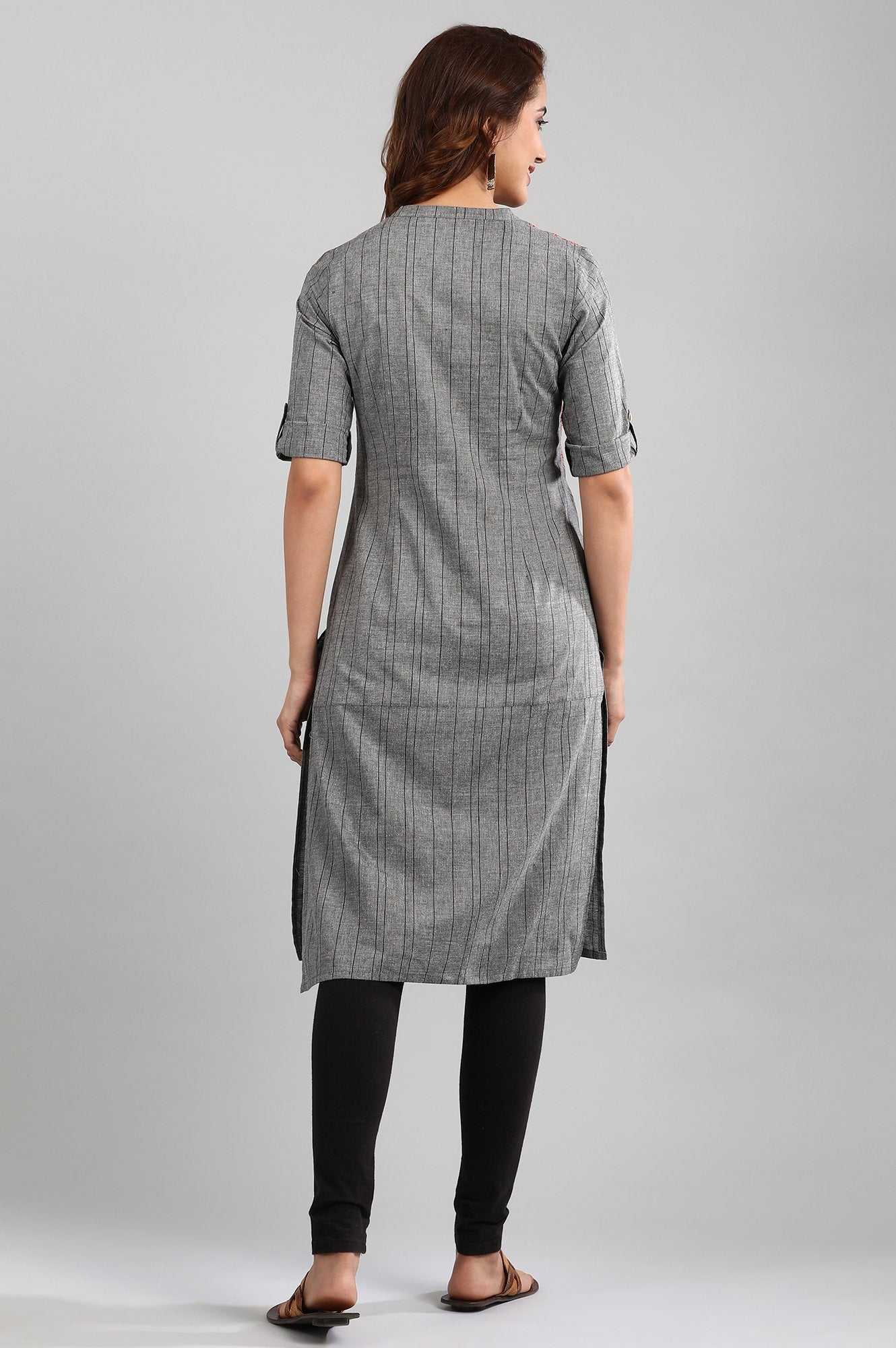 Grey Band Collar Yarn-dyed kurta