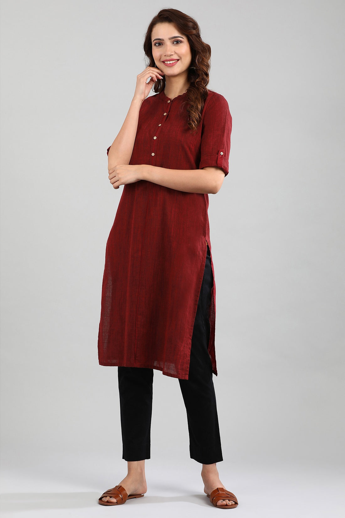 Red Band Collar Yarn-dyed kurta