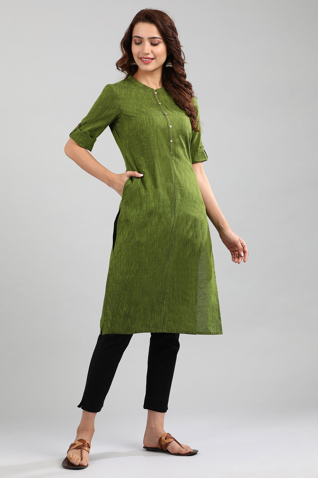Green Band Collar Yarn-dyed kurta