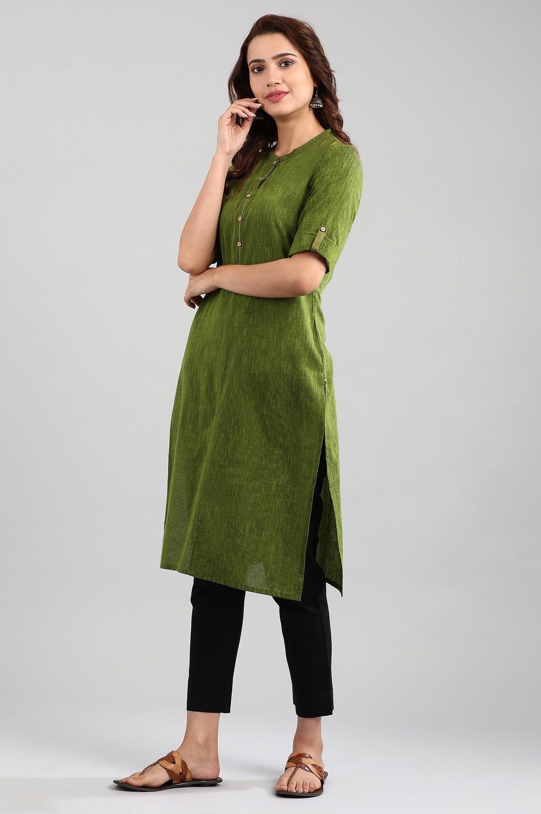 Green Band Collar Yarn-dyed kurta