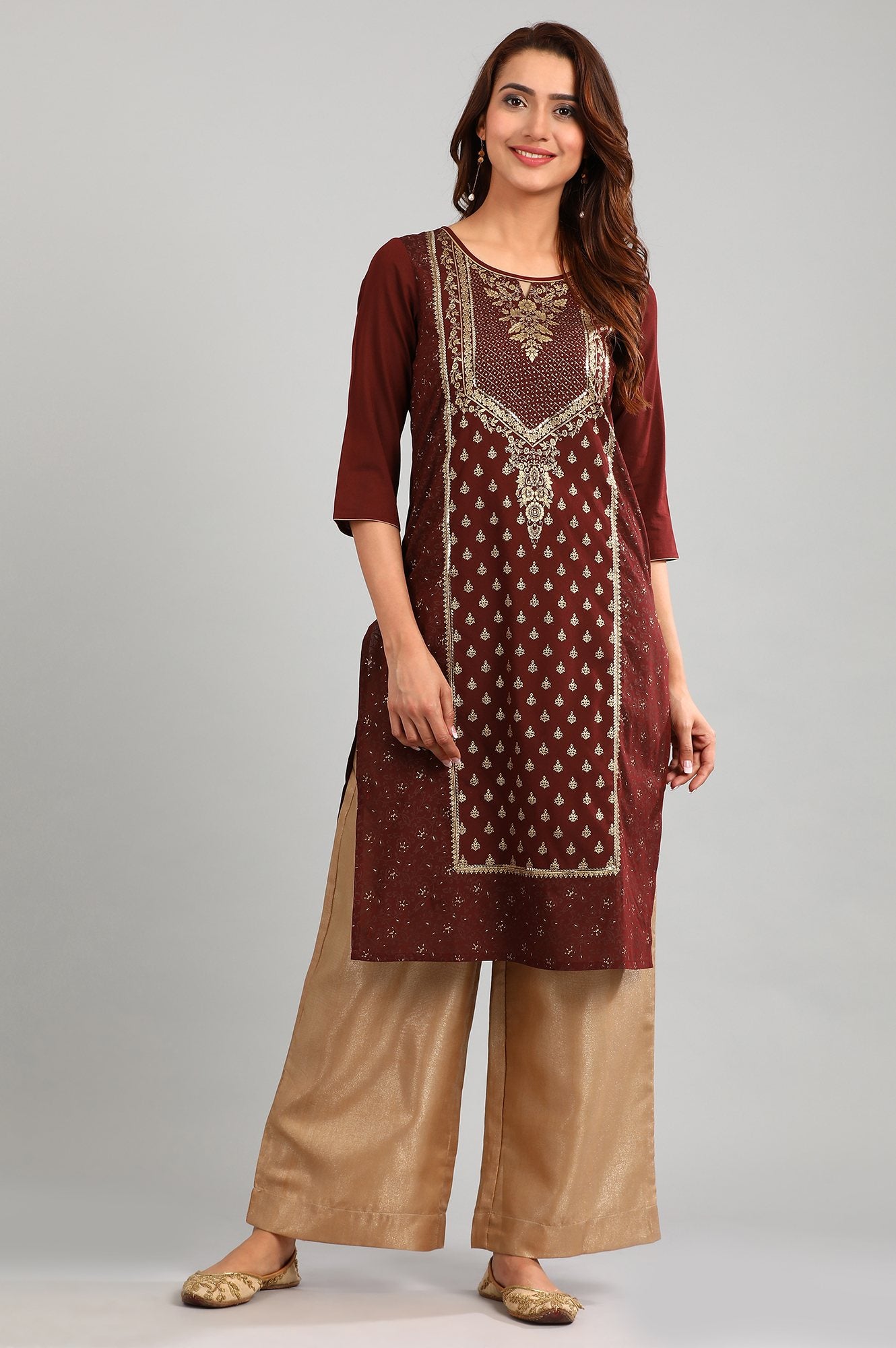 Red Round Neck Printed kurta