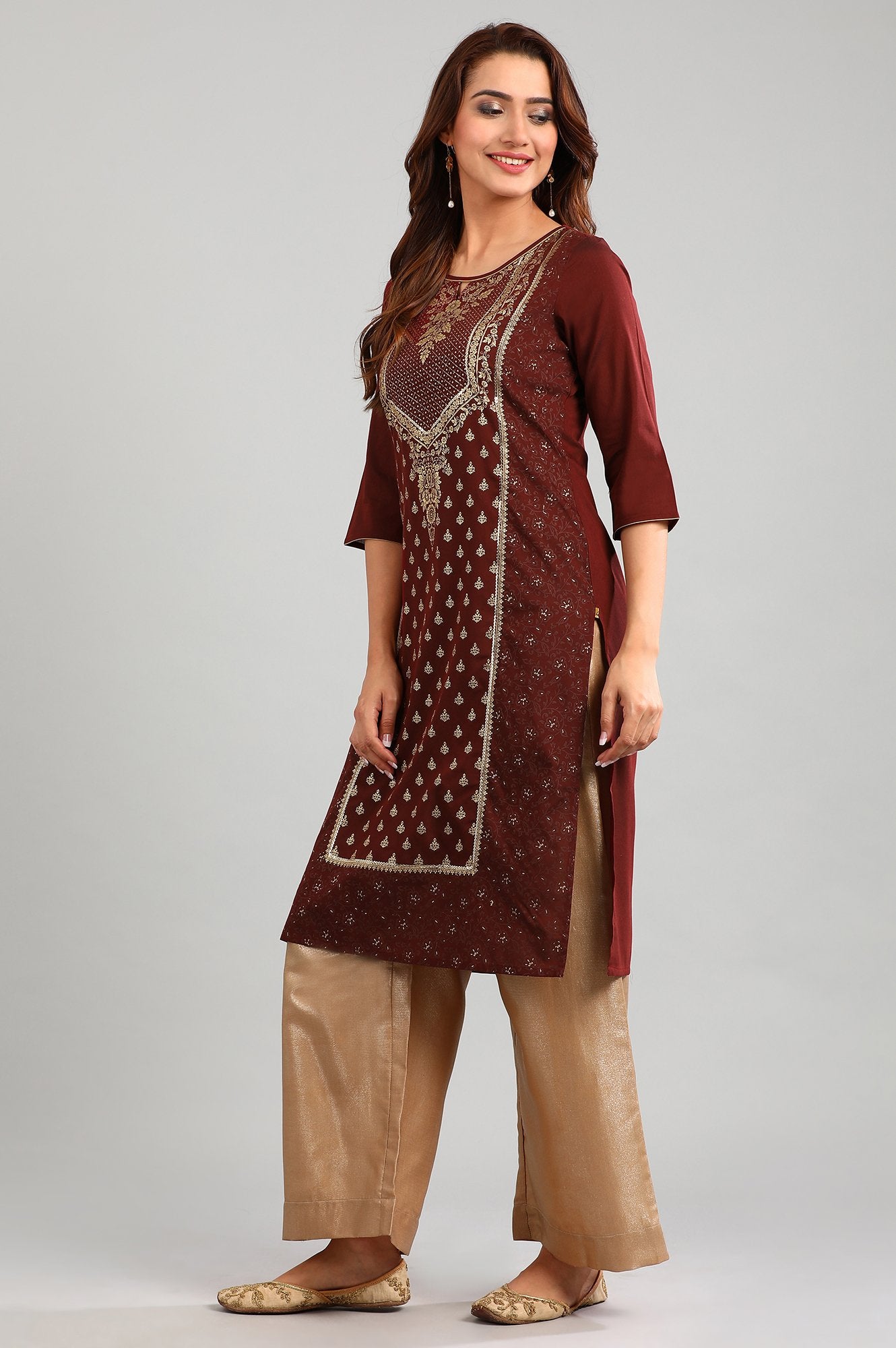 Red Round Neck Printed kurta