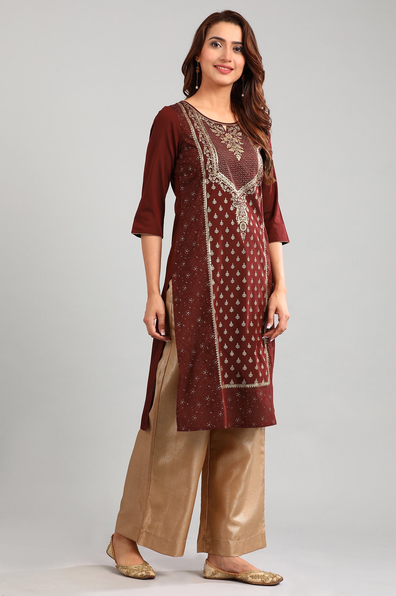 Red Round Neck Printed kurta