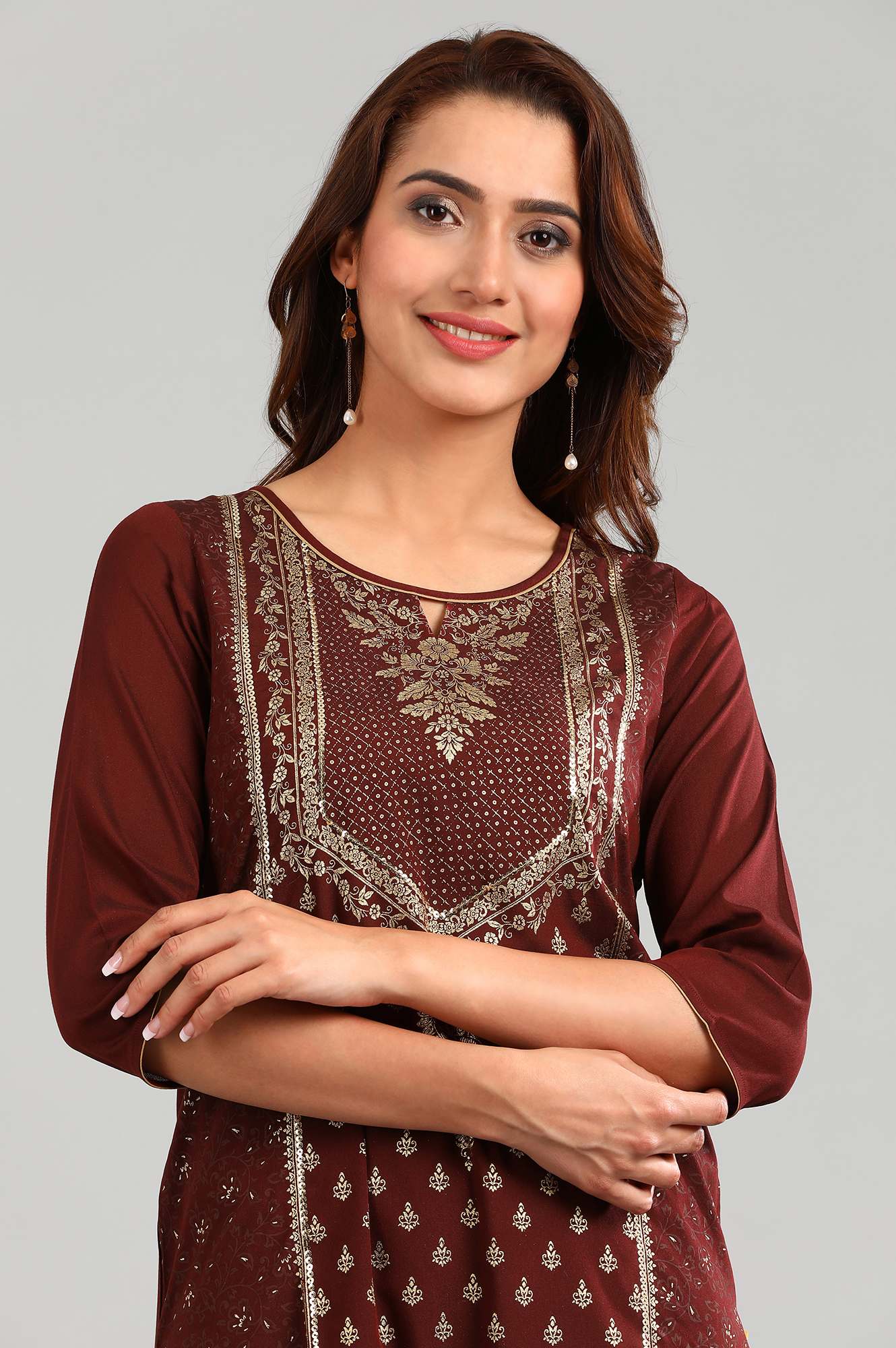 Red Round Neck Printed kurta