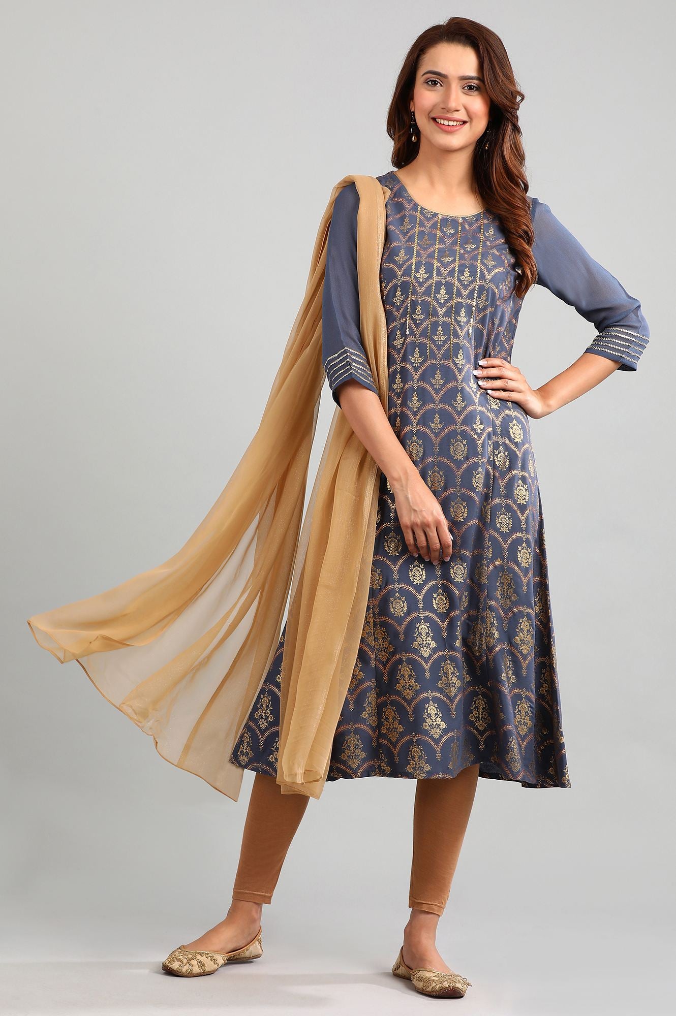 Grey Round Neck Printed kurta