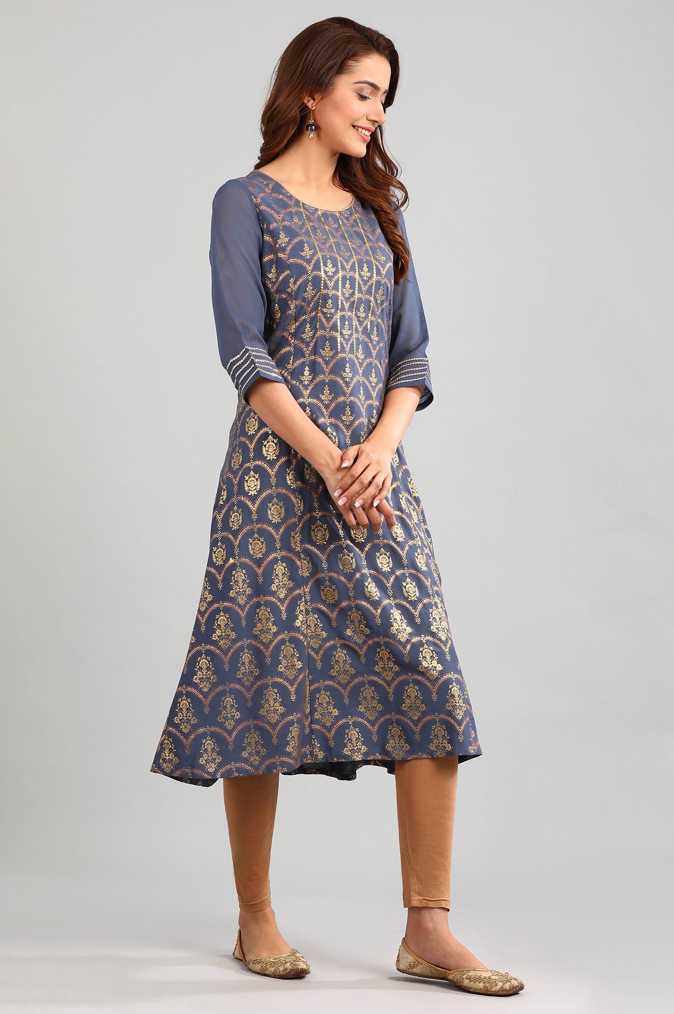 Grey Round Neck Printed kurta