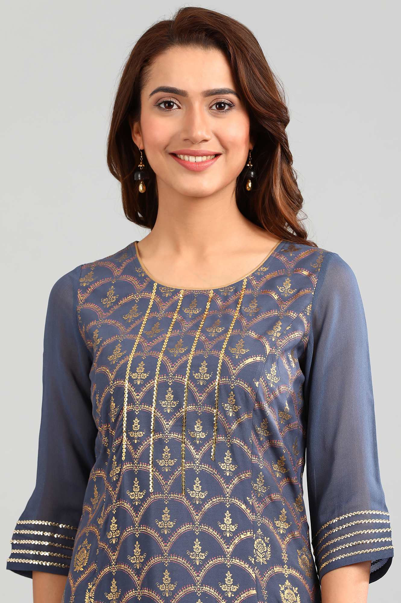 Grey Round Neck Printed kurta