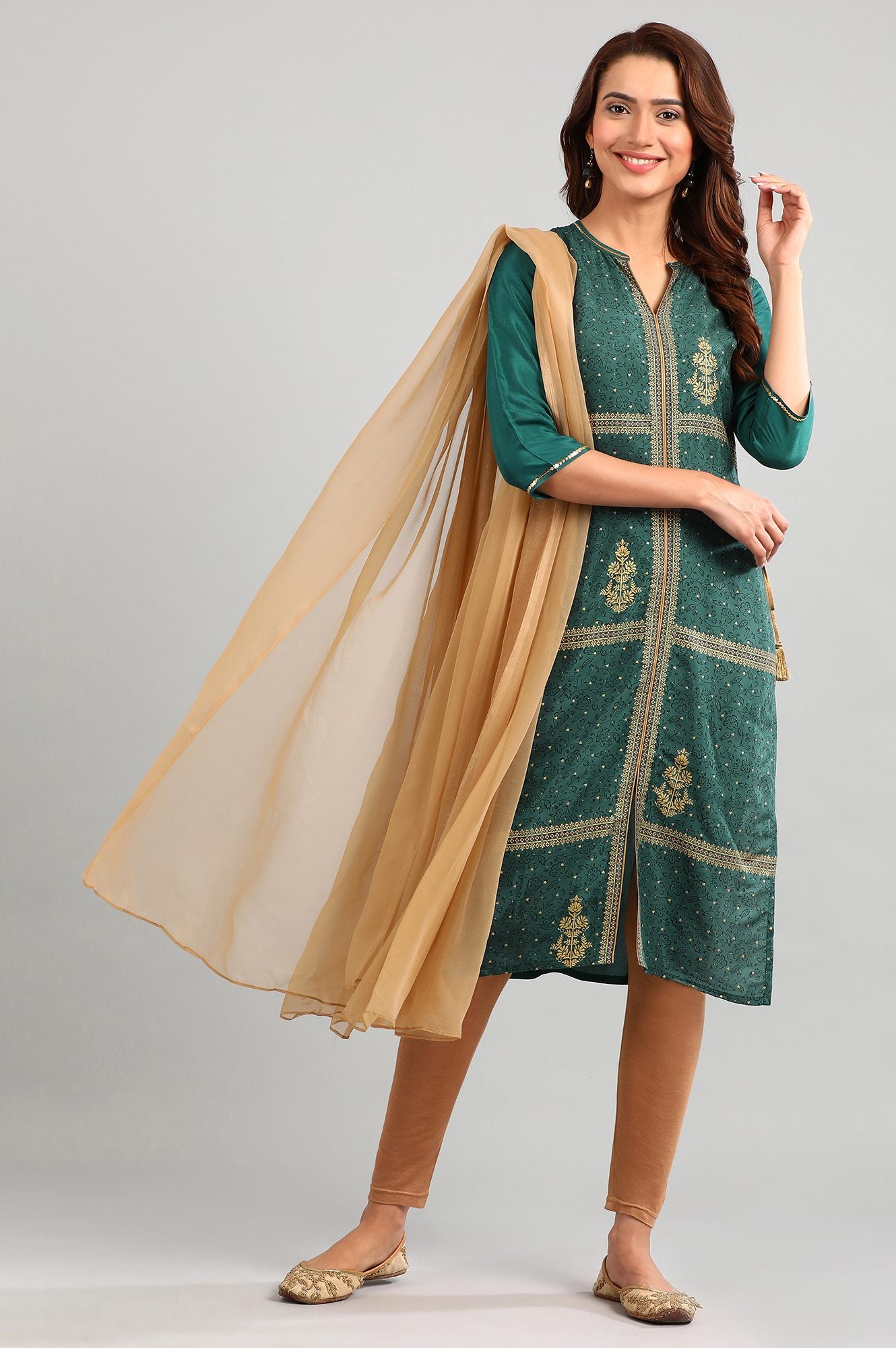 Green Band Collar Printed kurta