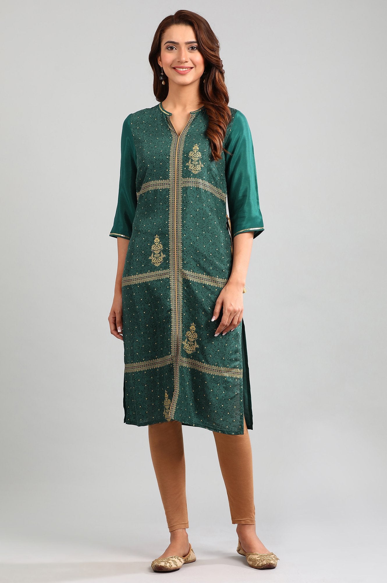 Green Band Collar Printed kurta