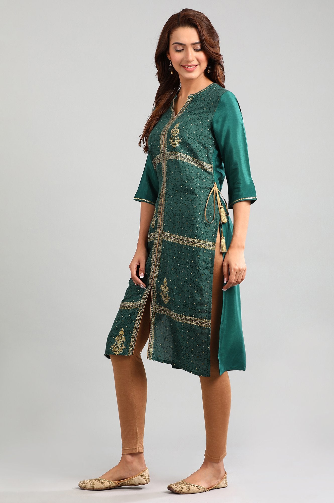 Green Band Collar Printed kurta