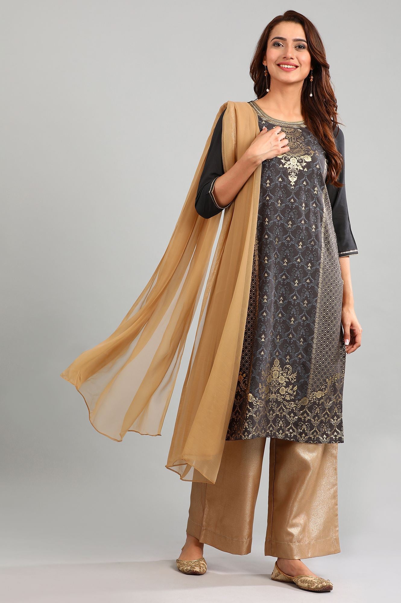 Grey Round Neck Printed kurta