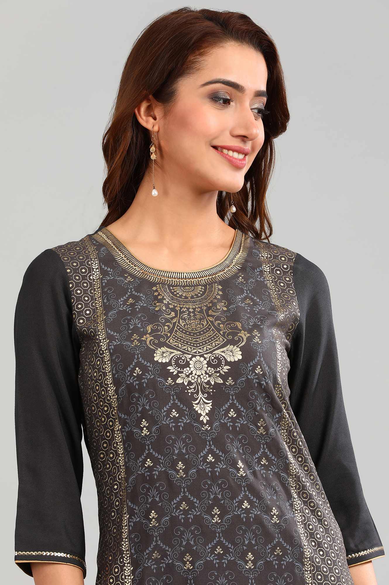 Grey Round Neck Printed kurta