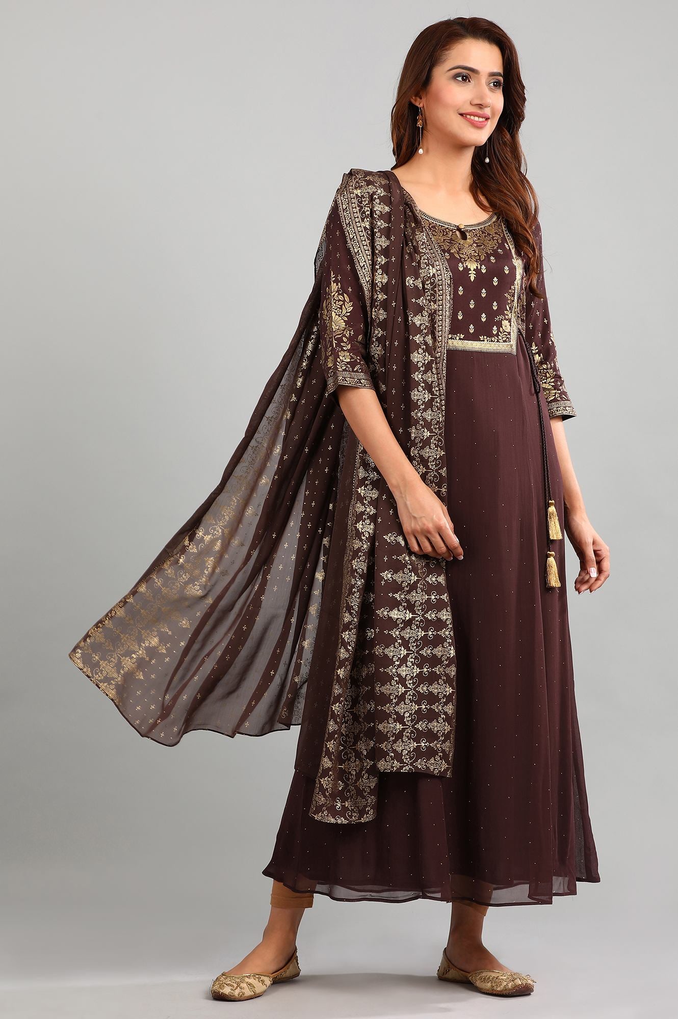 Brown Round Neck Printed kurta