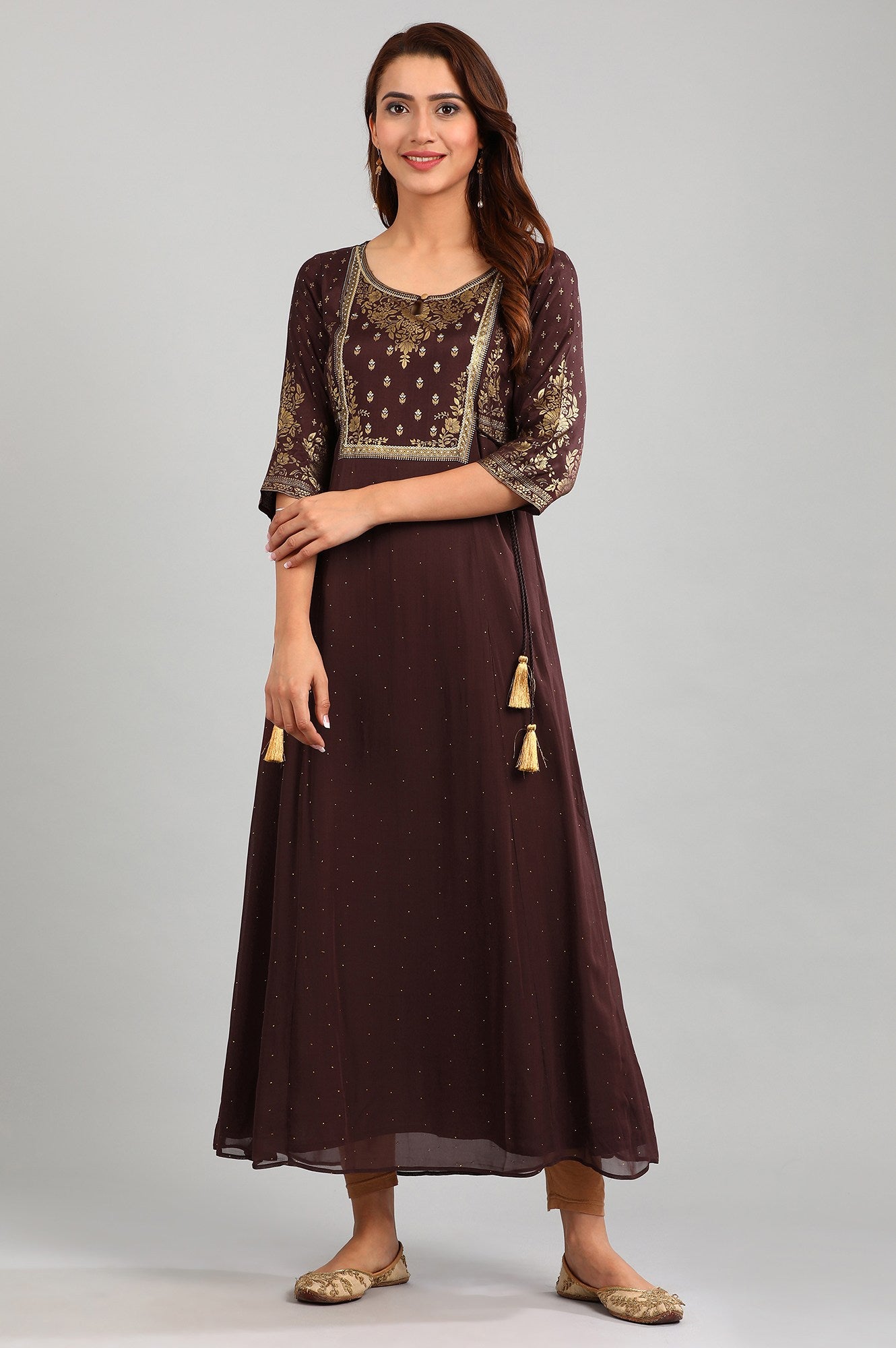 Brown Round Neck Printed kurta