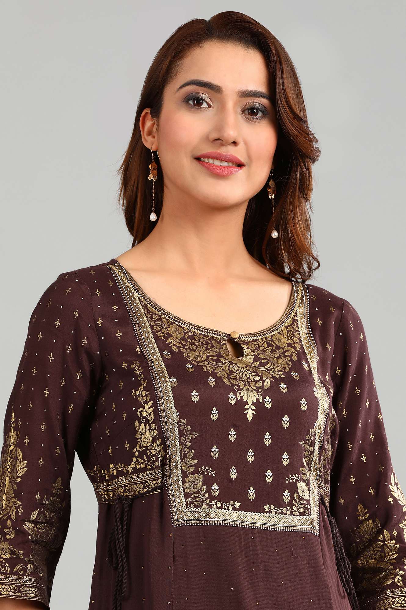 Brown Round Neck Printed kurta