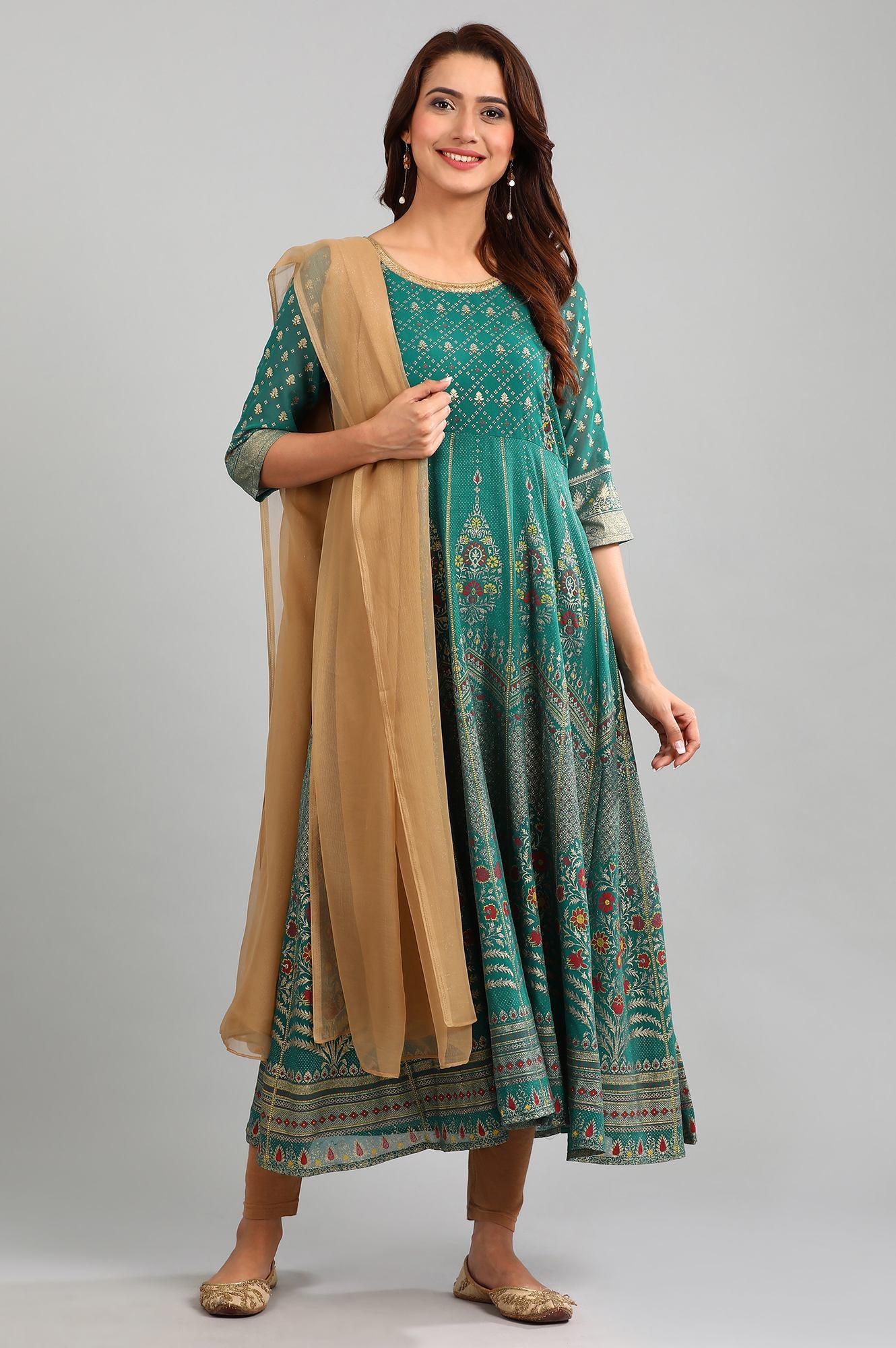 Green Round Neck Printed kurta