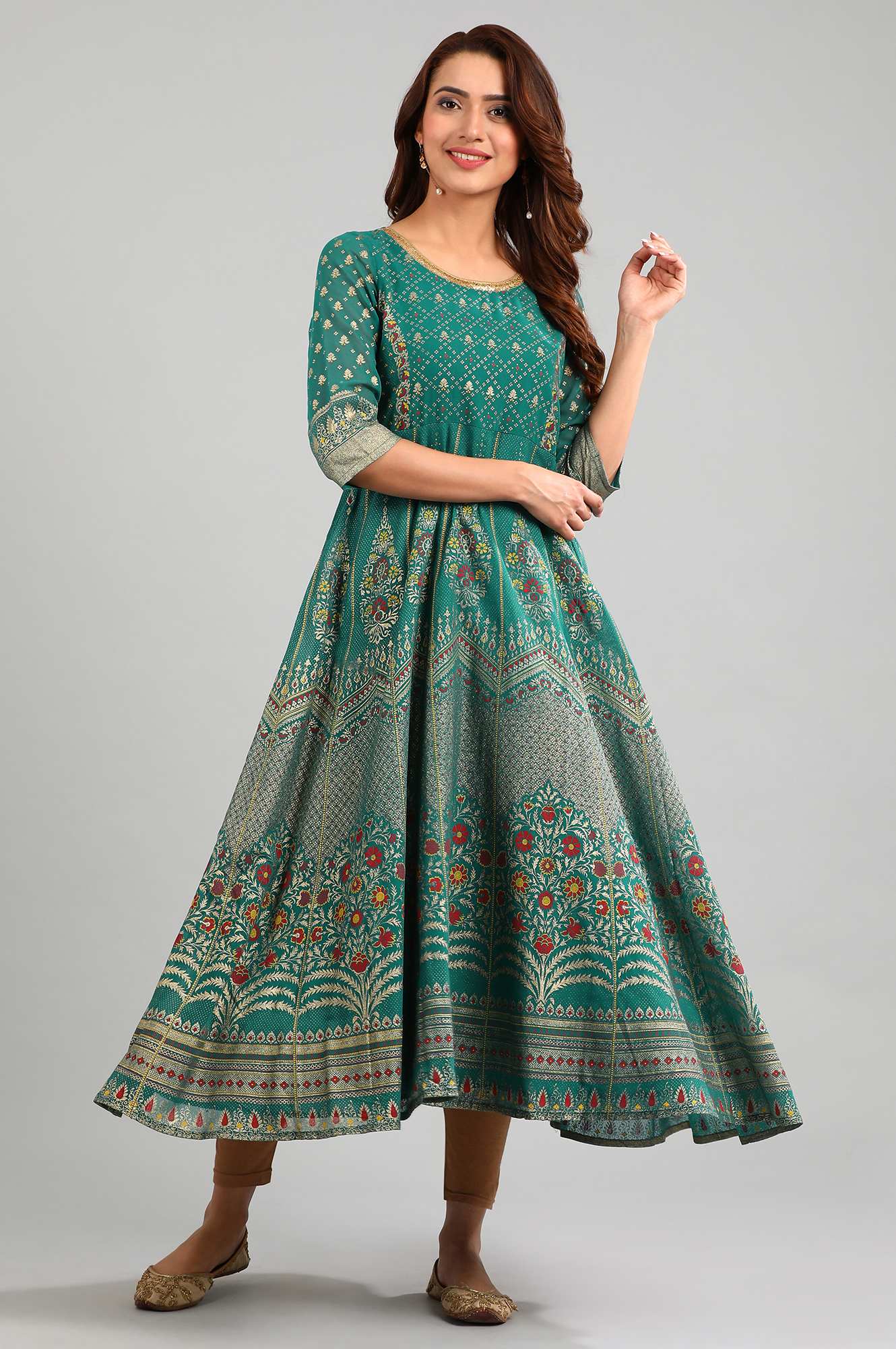 Green Round Neck Printed kurta