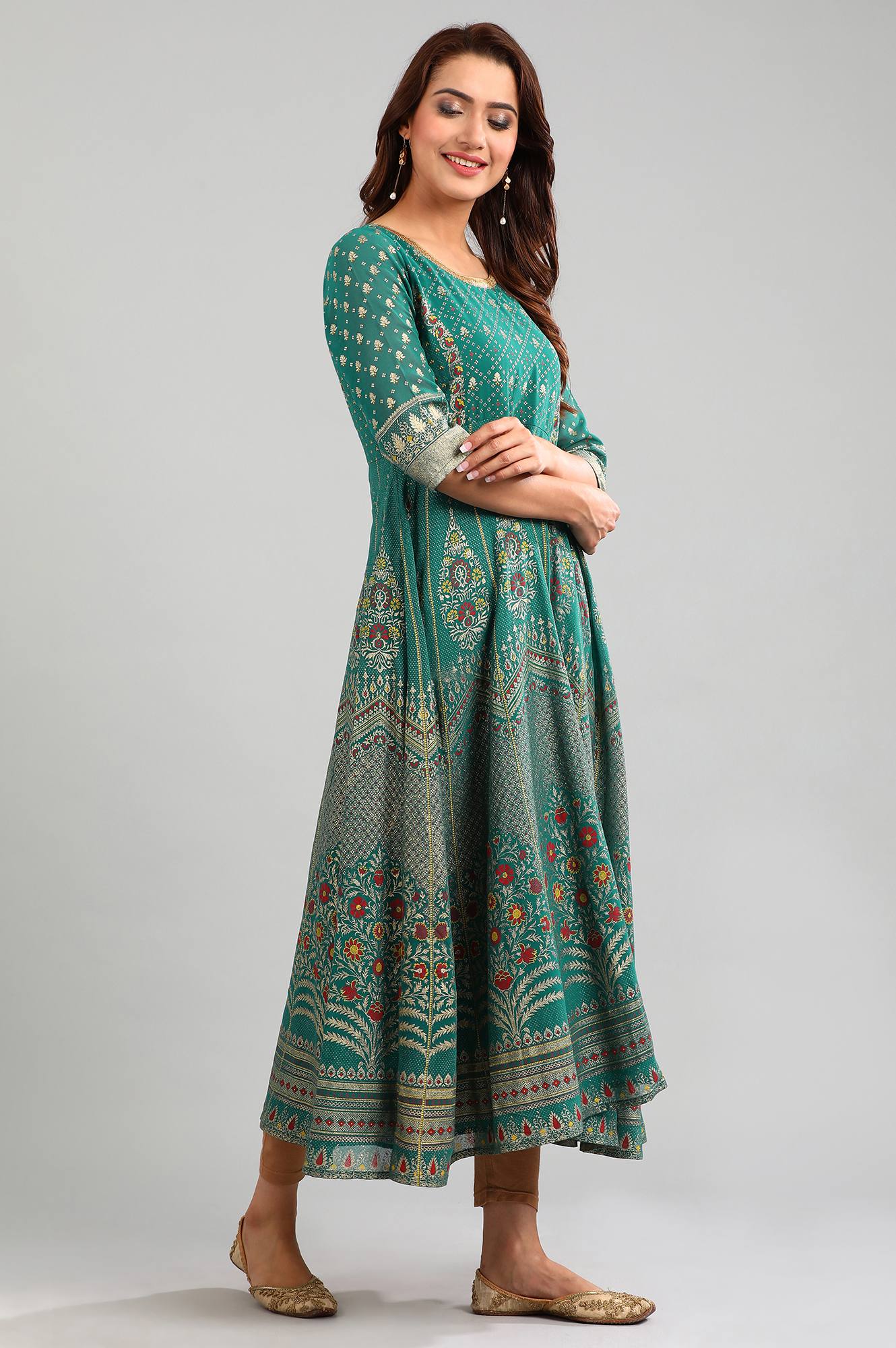 Green Round Neck Printed kurta