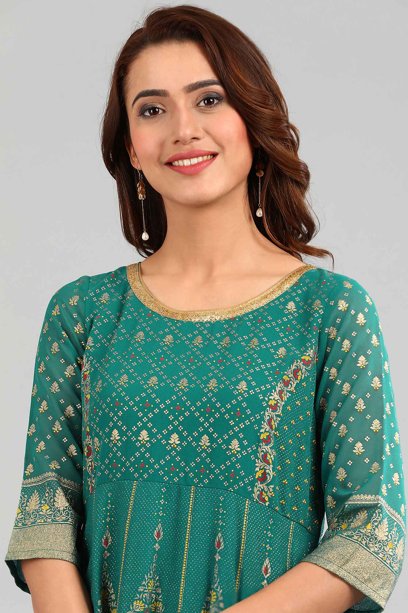 Green Round Neck Printed kurta