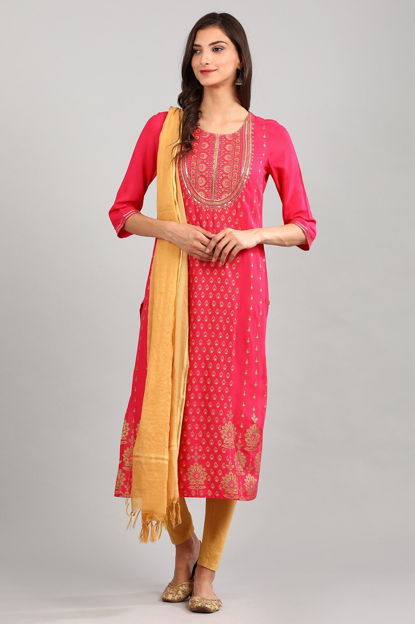 Pink Round Neck Printed kurta